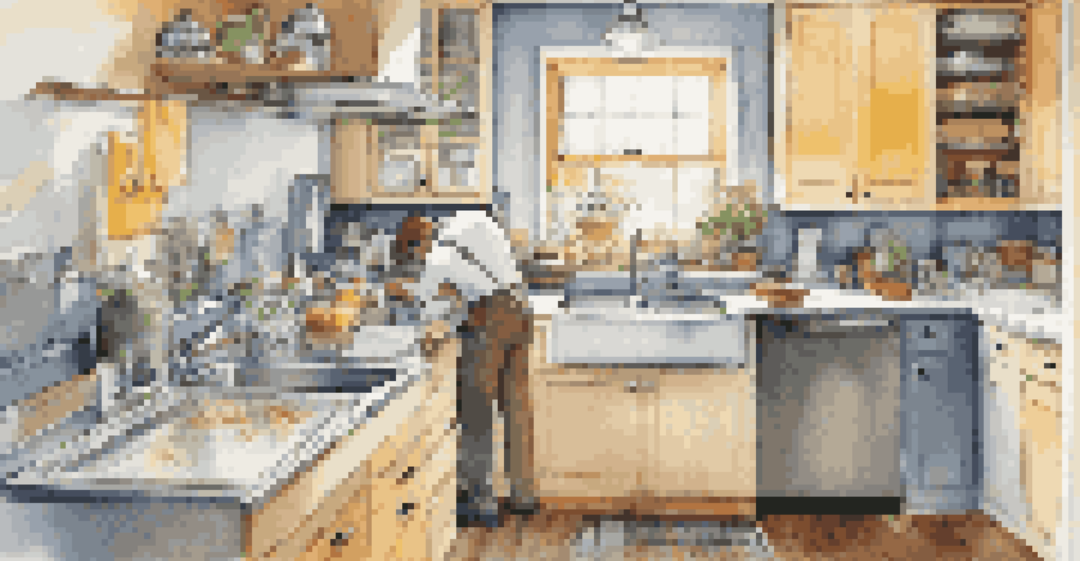An inspector checking plumbing under a modern kitchen sink, surrounded by bright colors and stainless steel appliances.