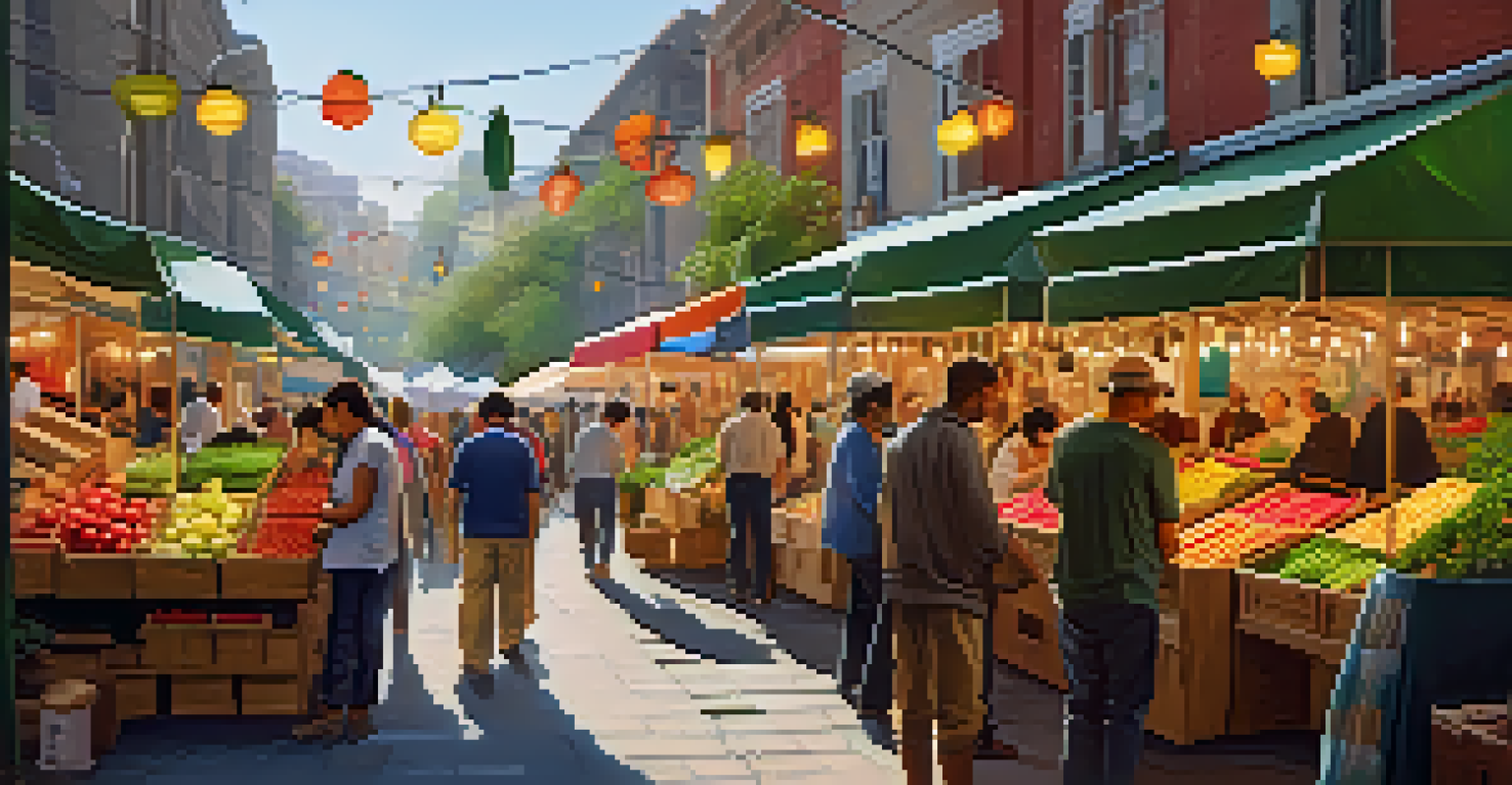 A close-up of a lively urban street market with colorful stalls, fresh produce, and diverse people interacting under strings of lights.
