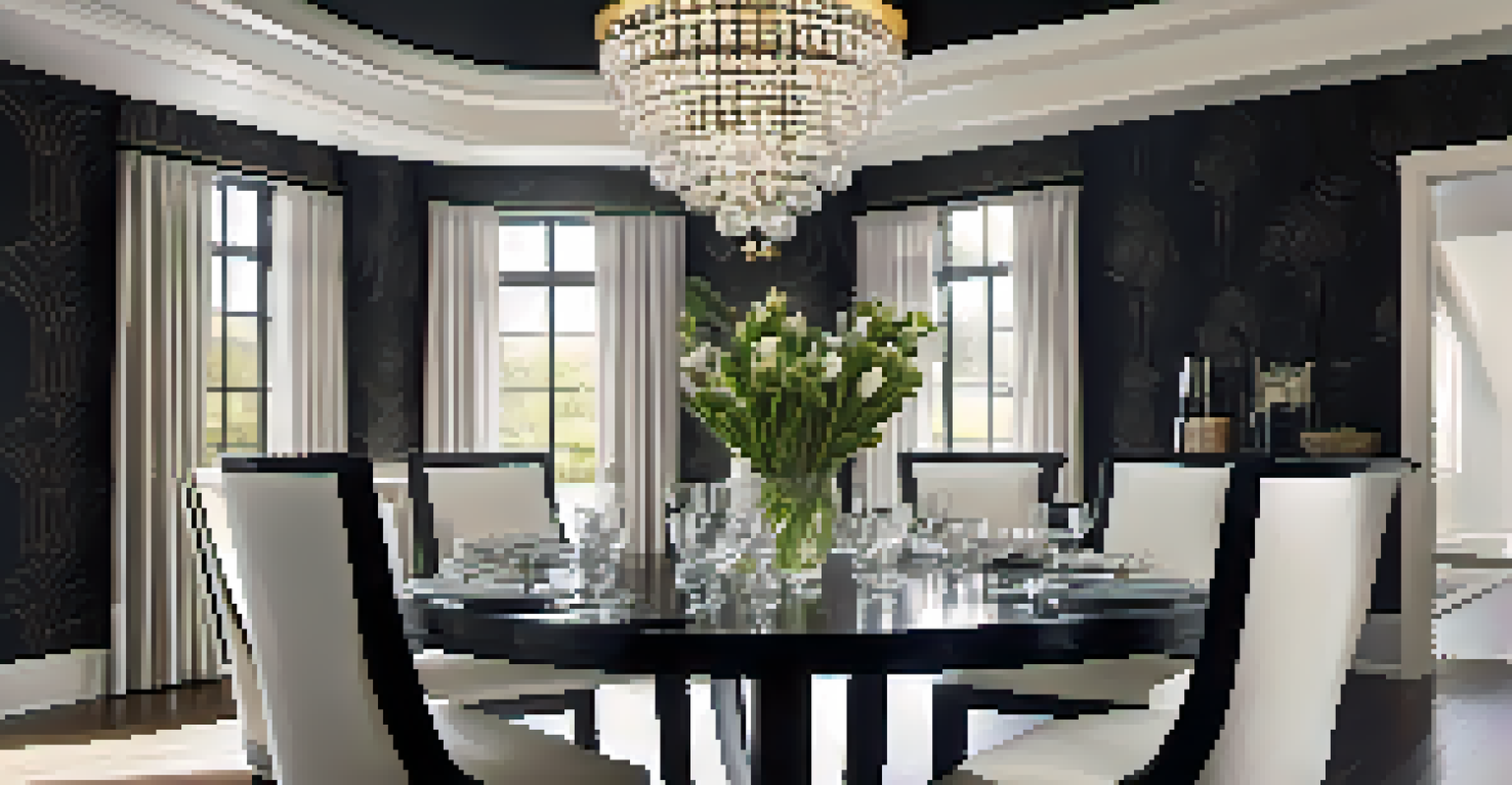 An elegant dining area with a black table, white chairs, and a chandelier, set against patterned wallpaper.