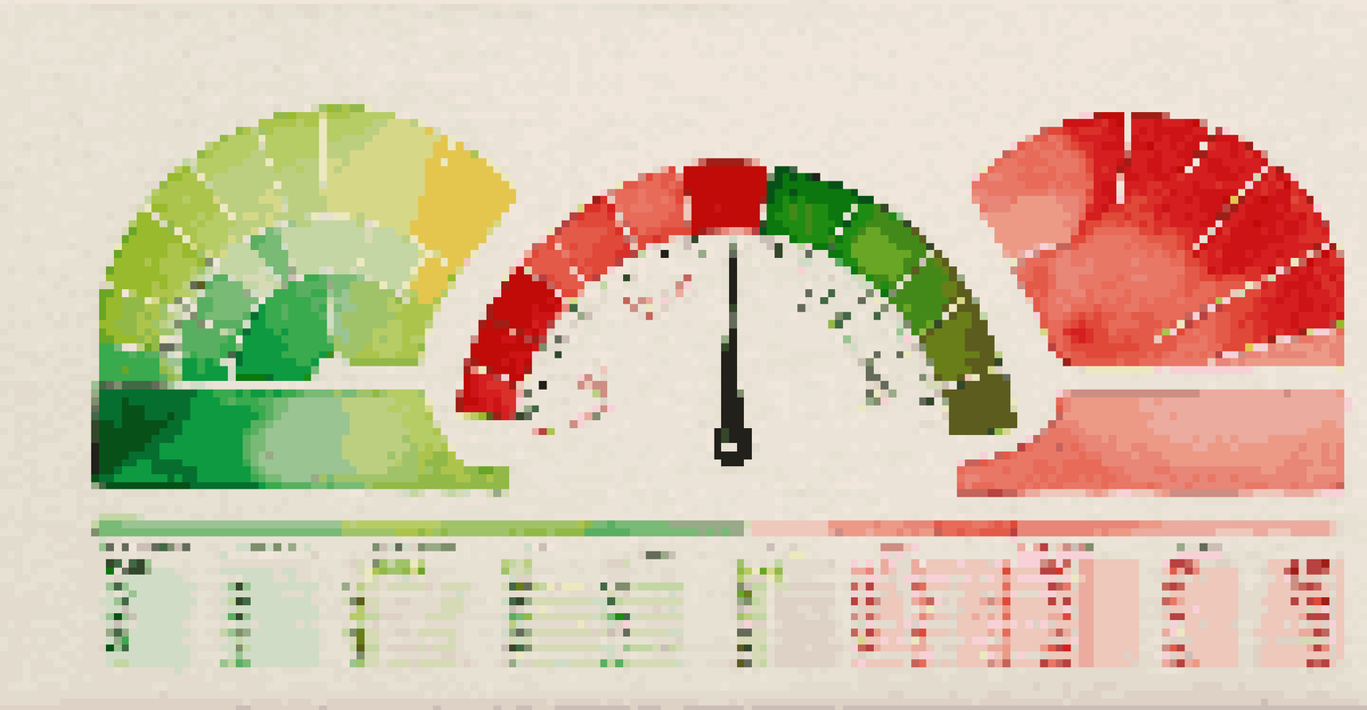 An abstract gauge meter showing credit scores with a background of financial trends.
