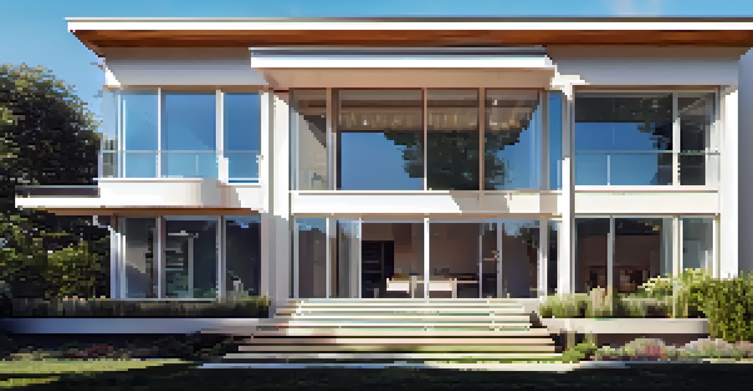 A contemporary house with several high-performance windows, surrounded by vibrant landscaping under a clear blue sky.