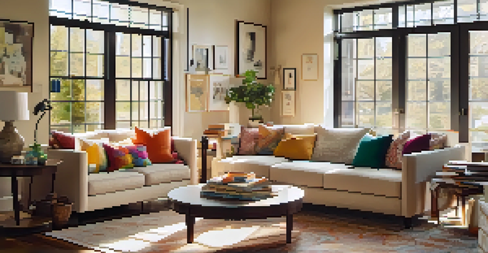 A bright and cozy living room with a sofa and a coffee table, illuminated by sunlight.