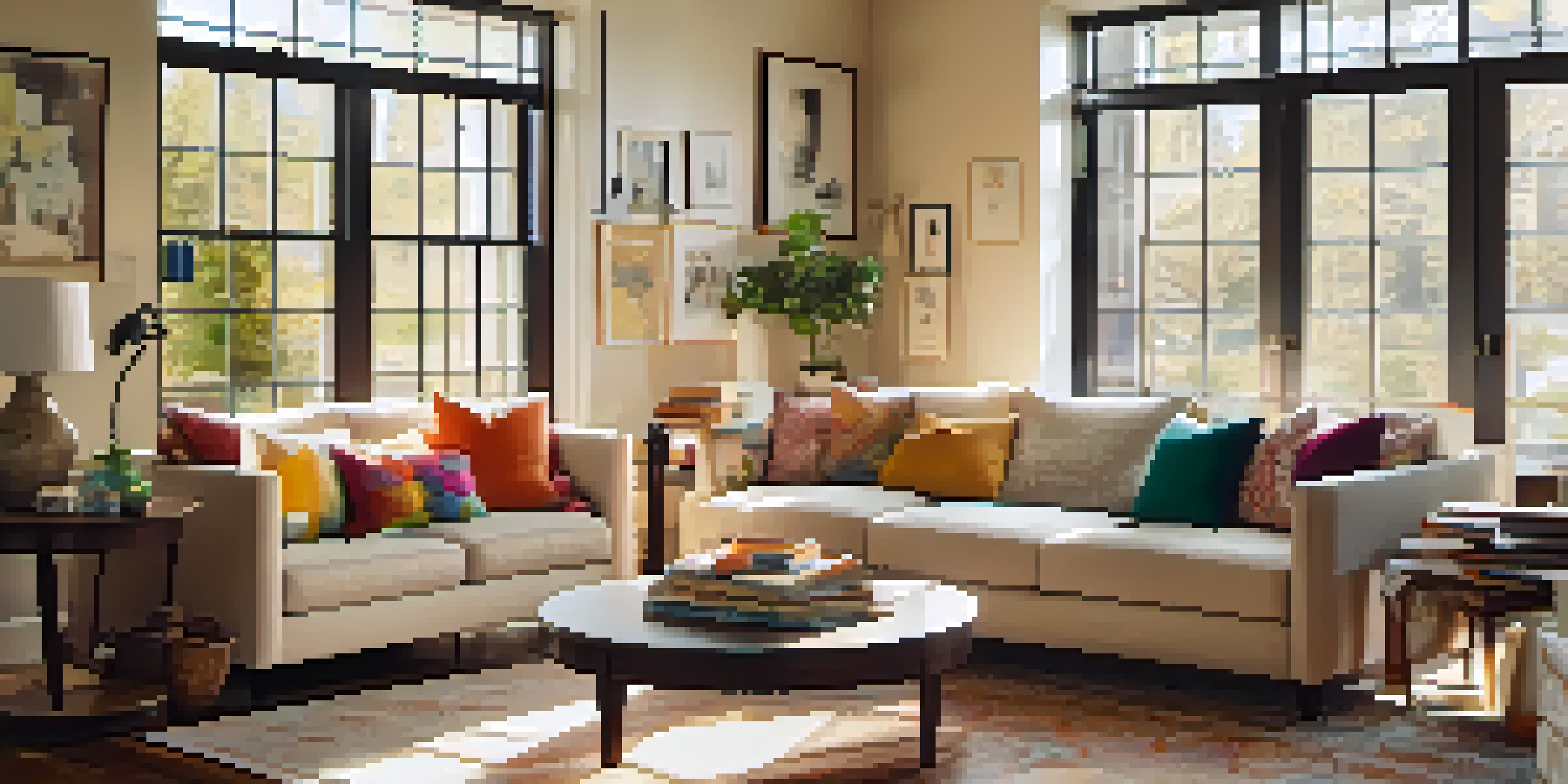 A bright and cozy living room with a sofa and a coffee table, illuminated by sunlight.