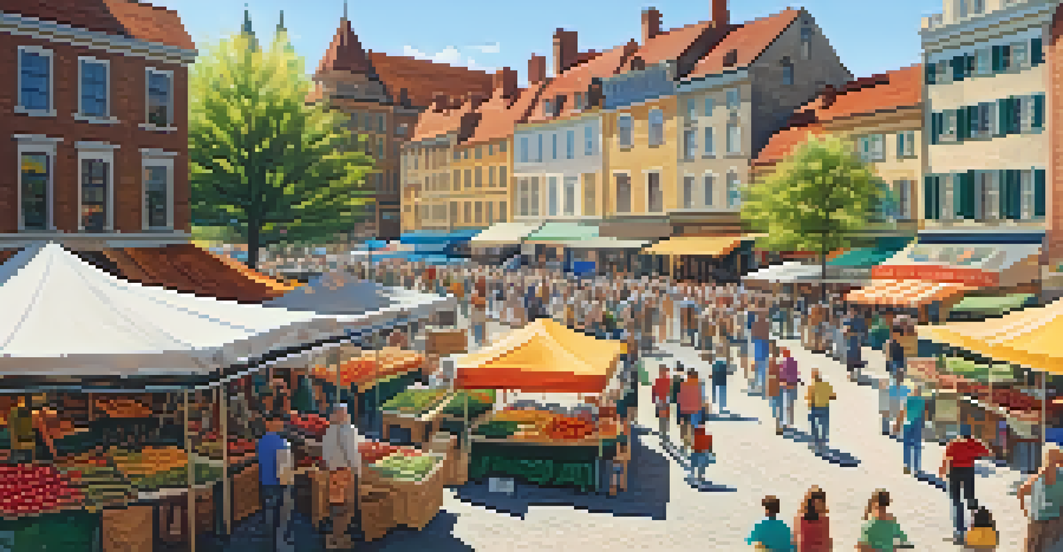 A lively farmers' market with colorful stalls, fresh produce, and families enjoying the atmosphere in a historic town square.