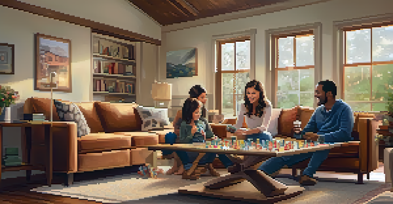 A cozy family game night in a softly lit living room, with family members engaged around a board game, sharing laughter.
