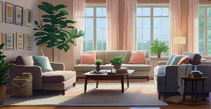 A cozy living room with a sofa, coffee table, and sunlight coming through the window, showcasing a maintenance checklist.