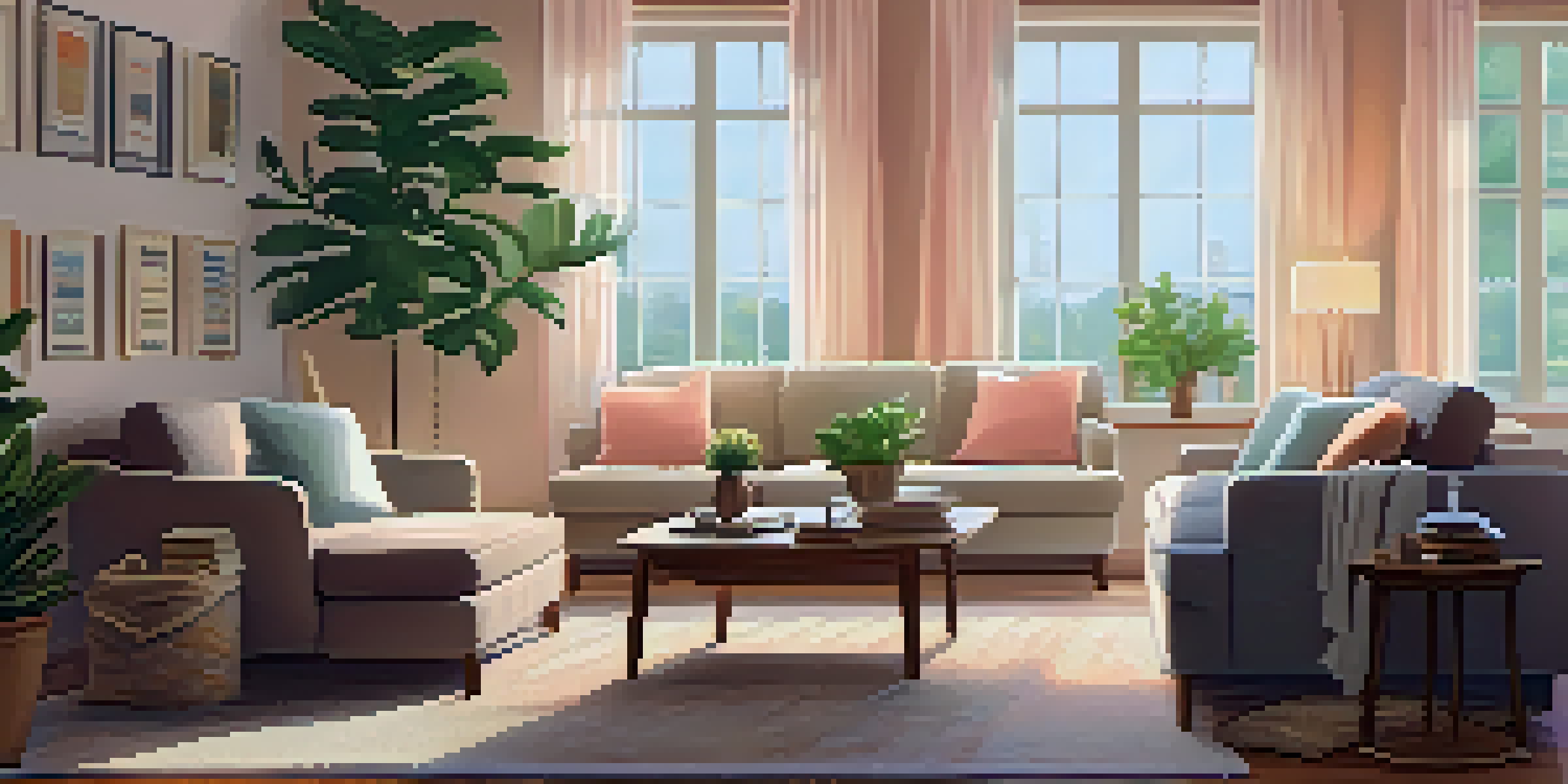 A cozy living room with a sofa, coffee table, and sunlight coming through the window, showcasing a maintenance checklist.