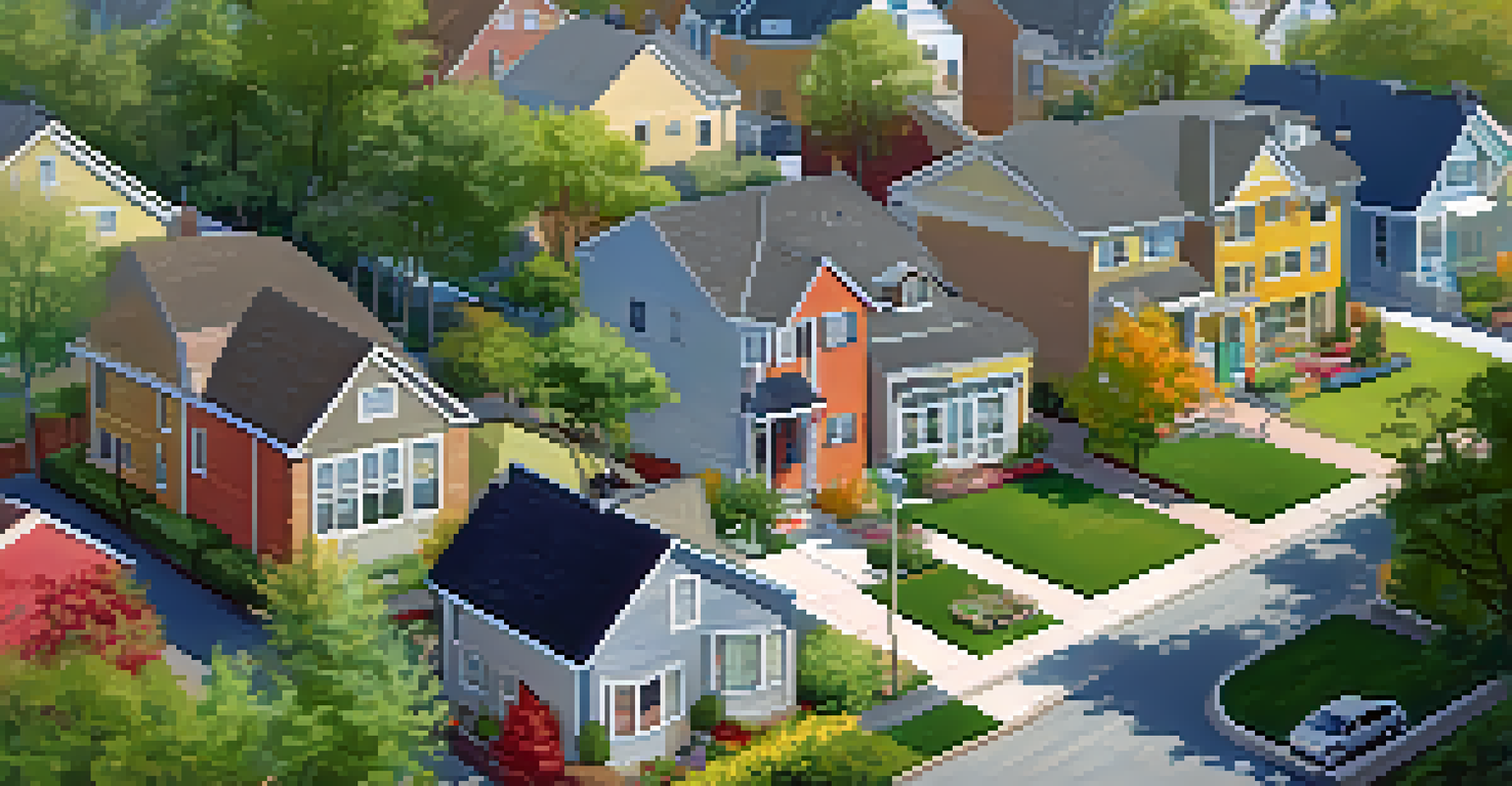 Aerial view of a vibrant neighborhood with a mix of modern and traditional houses and a park.