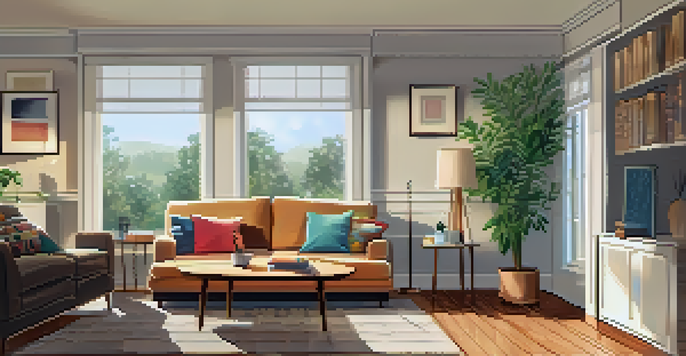A warm and inviting living room that is tidy and well-organized, with a comfortable sofa and a bright plant.