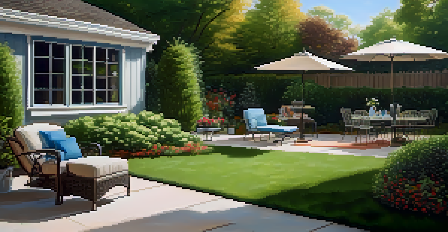 A well-kept backyard with a mowed lawn, trimmed bushes, and a cozy patio area under a clear sky.