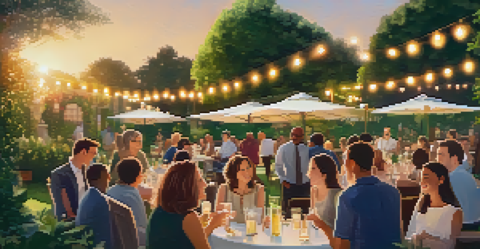 A garden networking event with people of various ages engaged in conversations under string lights during sunset.