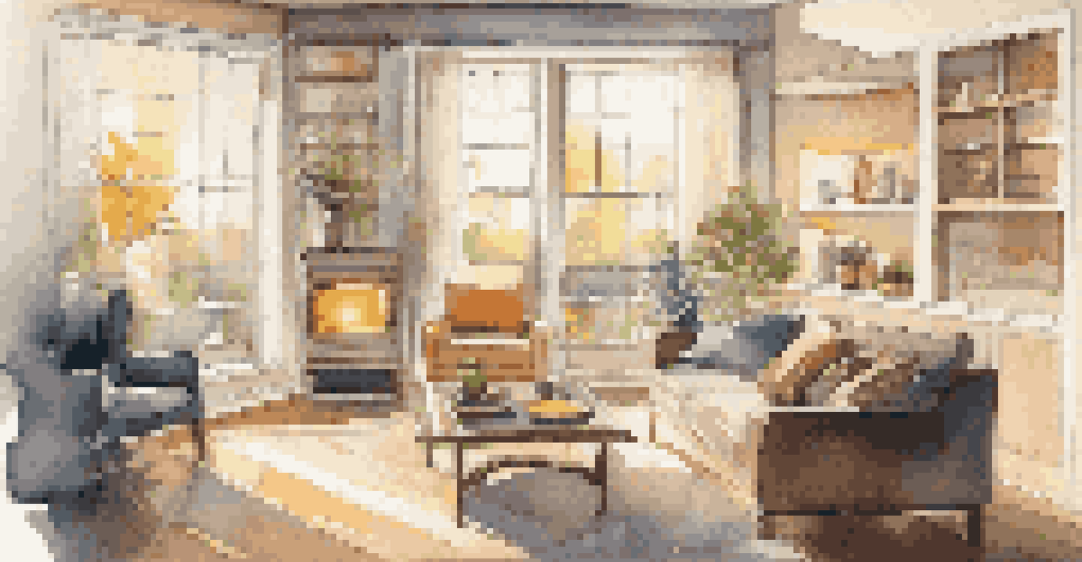 A cozy living room with energy-efficient LED lights, large windows, and a smart thermostat, creating a warm ambiance.