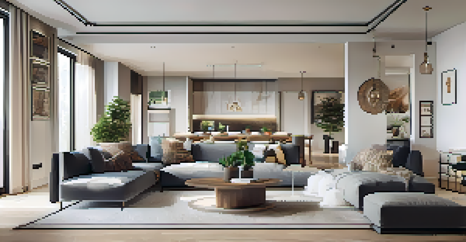 A welcoming open concept living area with a sectional sofa, coffee table, and pendant lighting, showcasing a blend of style and functionality.