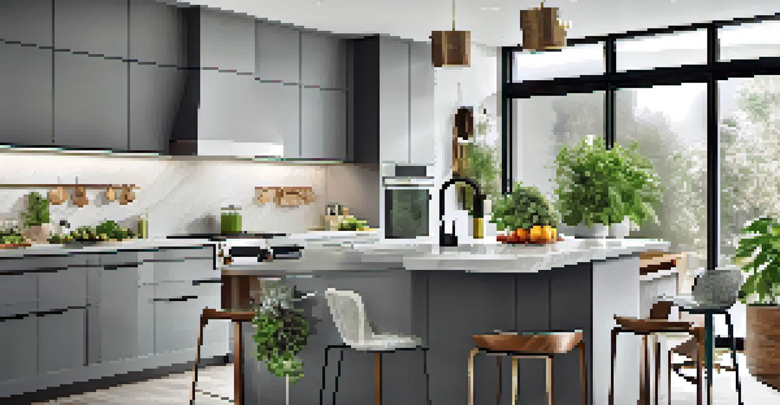 A contemporary kitchen with a stylish island, modern appliances, and fresh herbs on the counter.