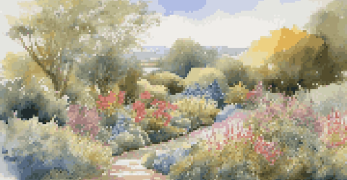 A colorful garden filled with native flowers and plants, with a gentle slope and a swale for water management, under a bright blue sky.