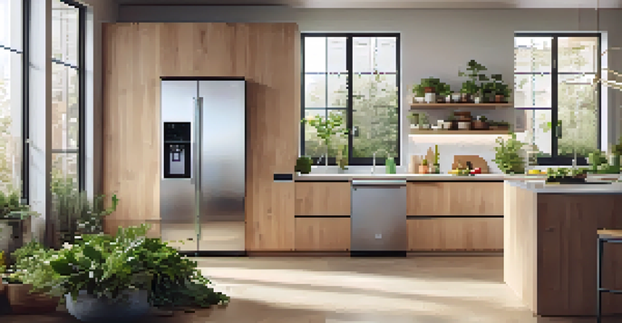 A contemporary kitchen with a smart refrigerator showing recipes, a smart oven, and a smart scale on the countertop, illuminated by natural light.