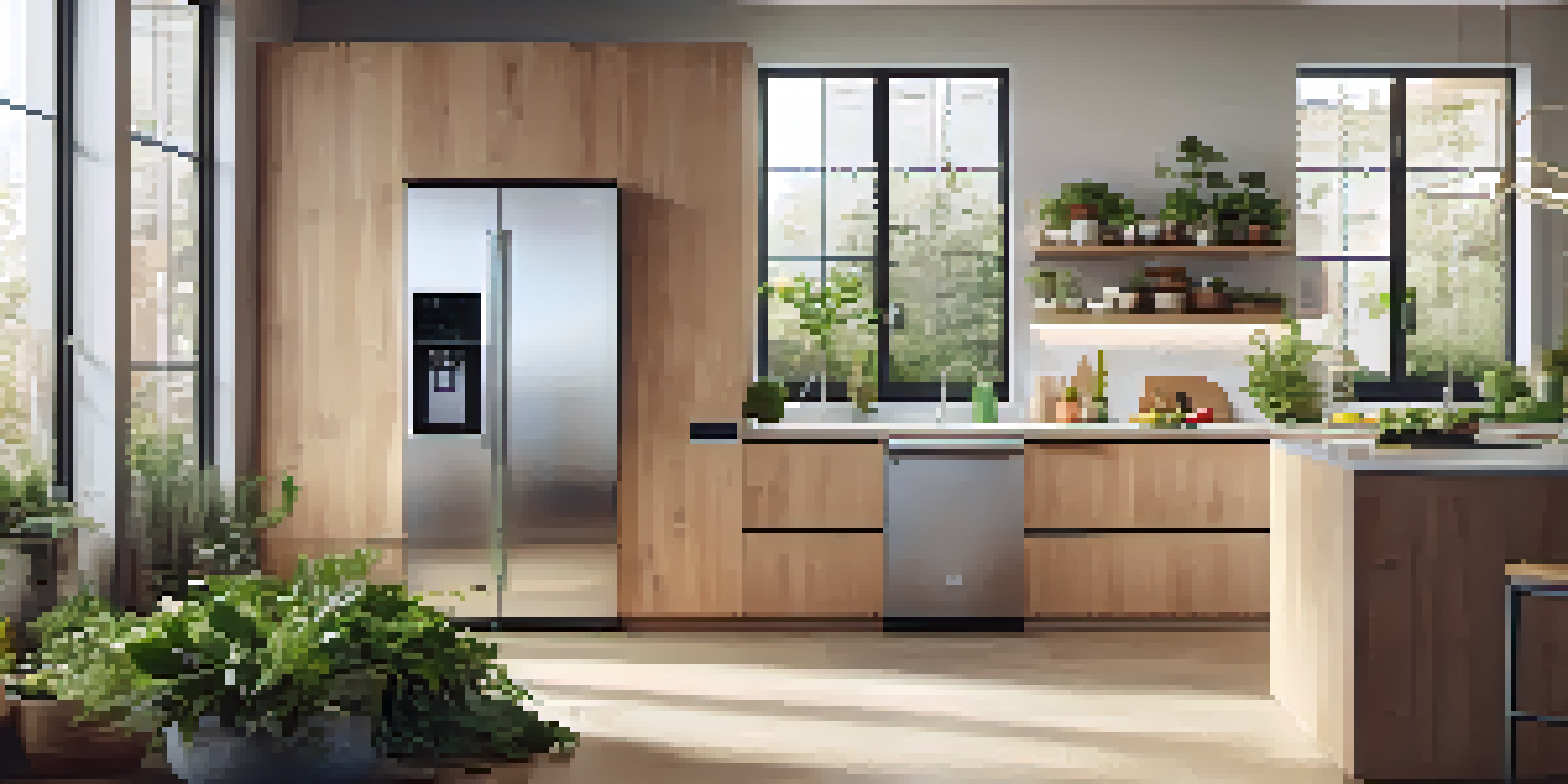 A contemporary kitchen with a smart refrigerator showing recipes, a smart oven, and a smart scale on the countertop, illuminated by natural light.
