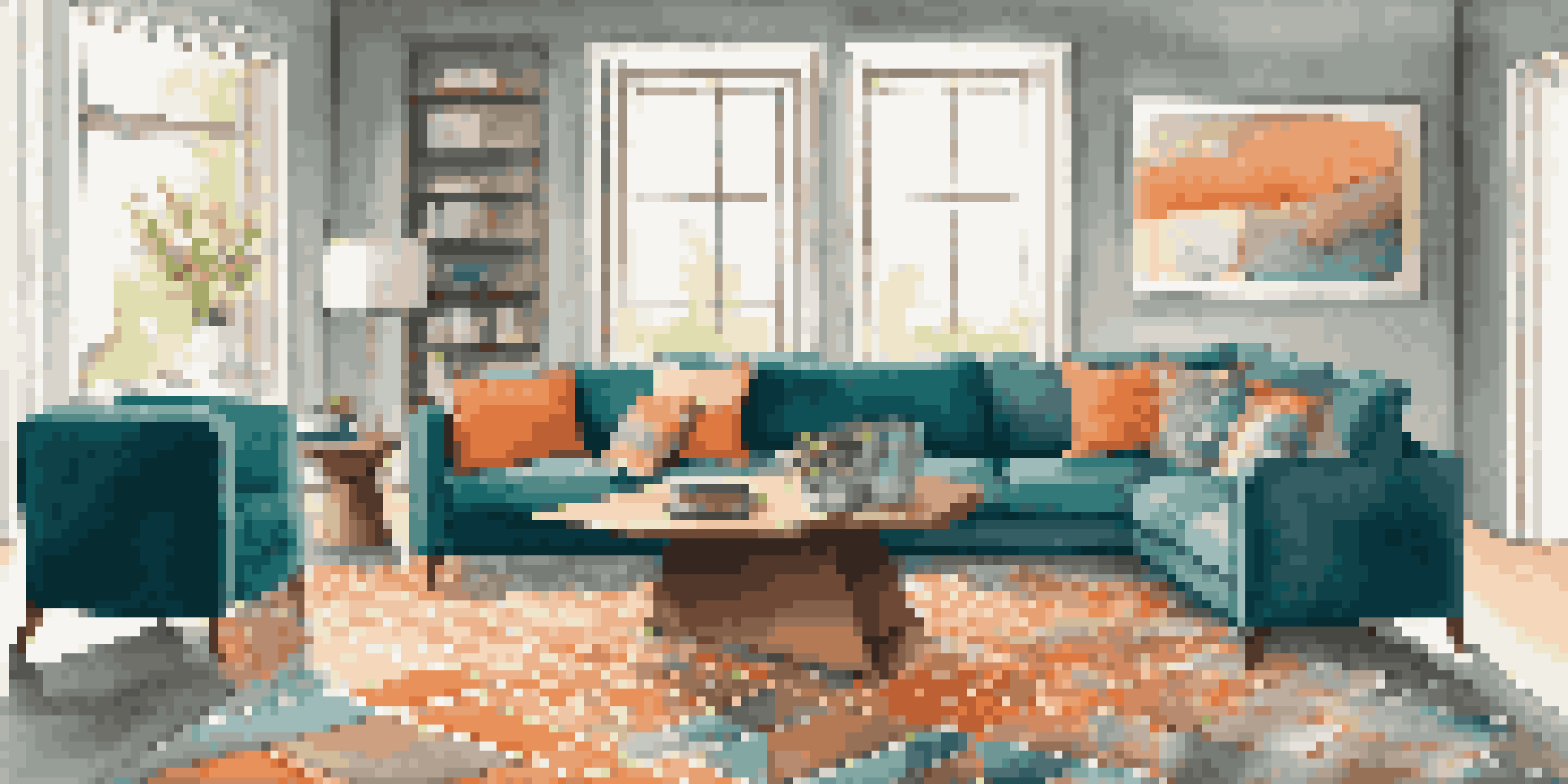 A living room with a plush teal and orange geometric rug under a modern gray sofa, illuminated by soft natural light.