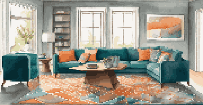 A living room with a plush teal and orange geometric rug under a modern gray sofa, illuminated by soft natural light.