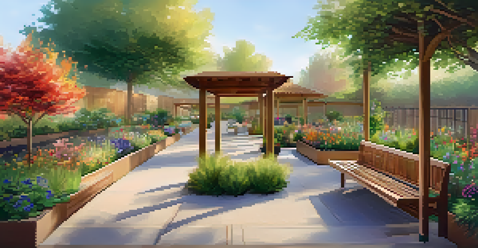 A sensory garden with textured paths, fragrant plants, and colorful flowers, including shaded benches for relaxation, bathed in warm afternoon light.