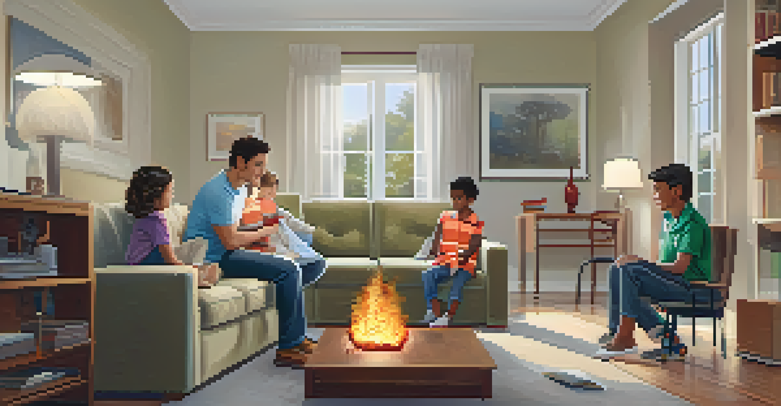 A family practicing a fire safety drill in their living room with visible escape routes.