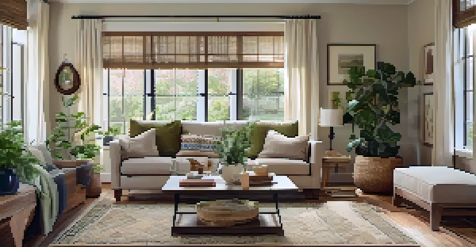 A cozy living room with a neutral color scheme, featuring an ivory wall, taupe sofa, vintage coffee table, and a gallery wall of framed art lit by natural light from a window.