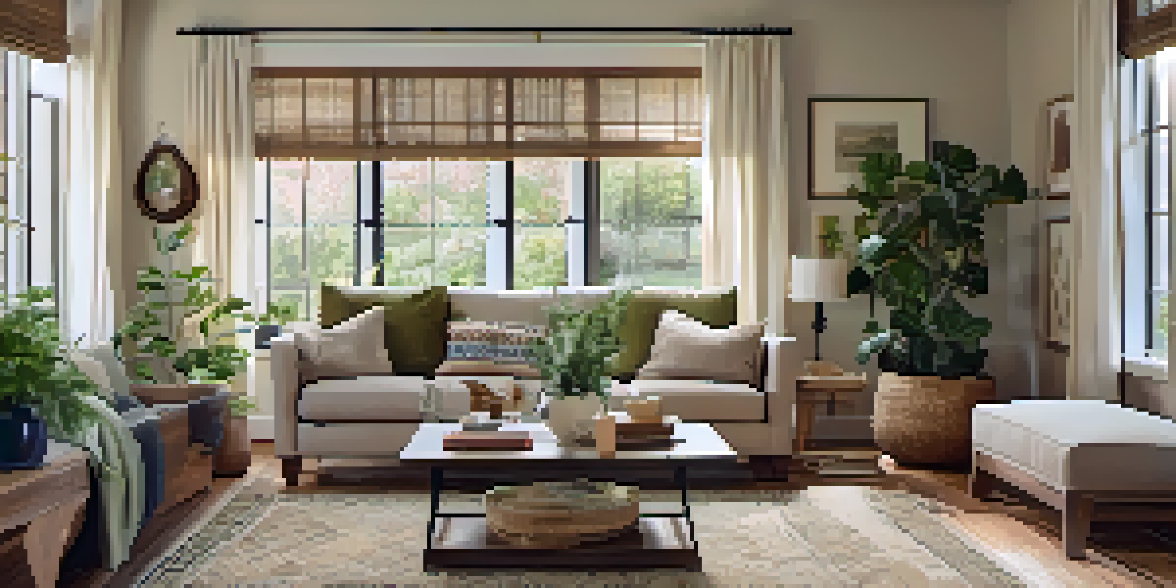 A cozy living room with a neutral color scheme, featuring an ivory wall, taupe sofa, vintage coffee table, and a gallery wall of framed art lit by natural light from a window.