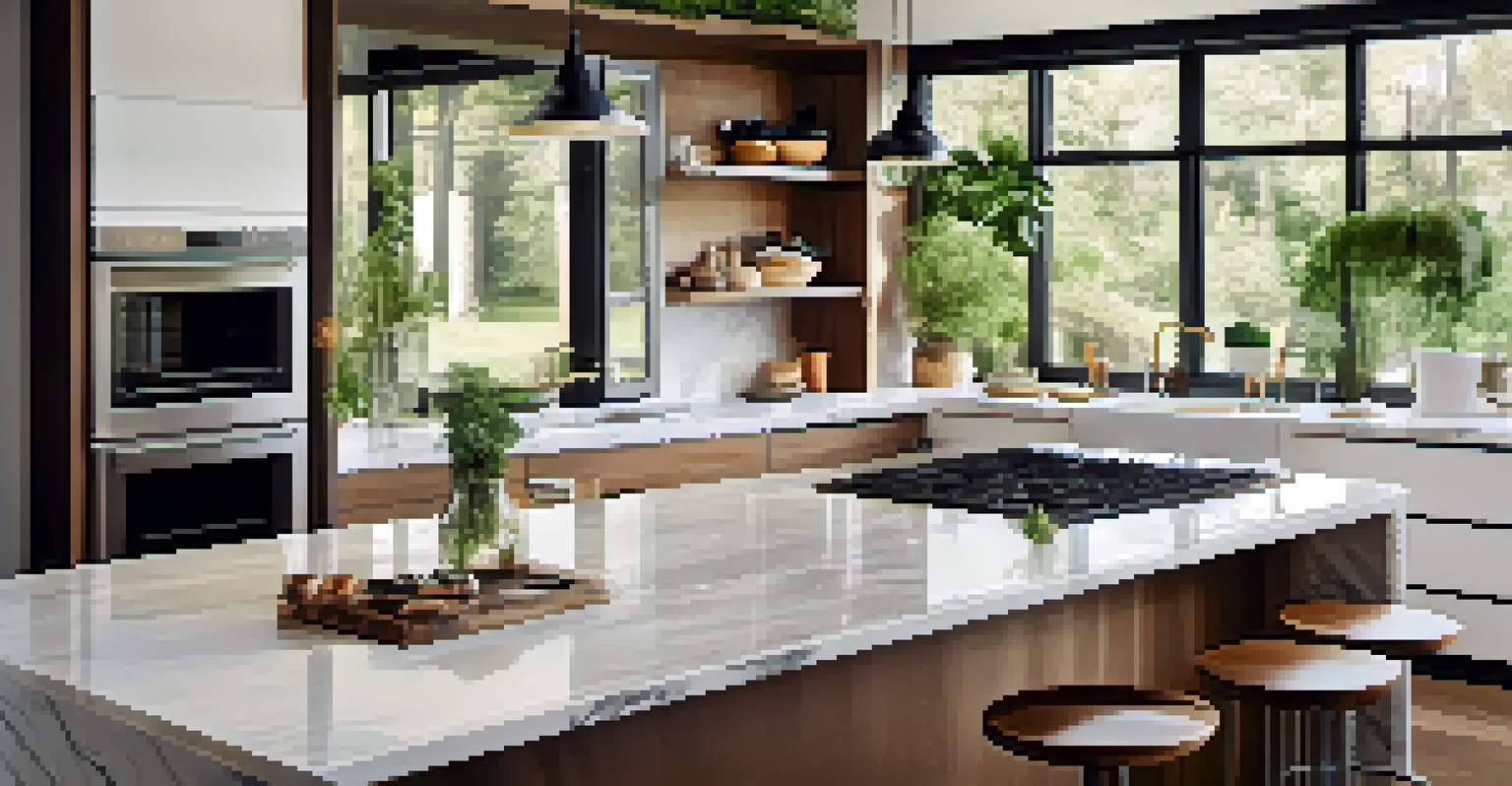 A modern kitchen with white marble countertops, an island with bar stools, and fresh herbs on the windowsill.