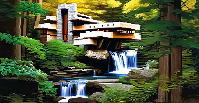 A beautiful house designed by Frank Lloyd Wright, known as Fallingwater, surrounded by trees and a stream, with sunlight filtering through the branches.