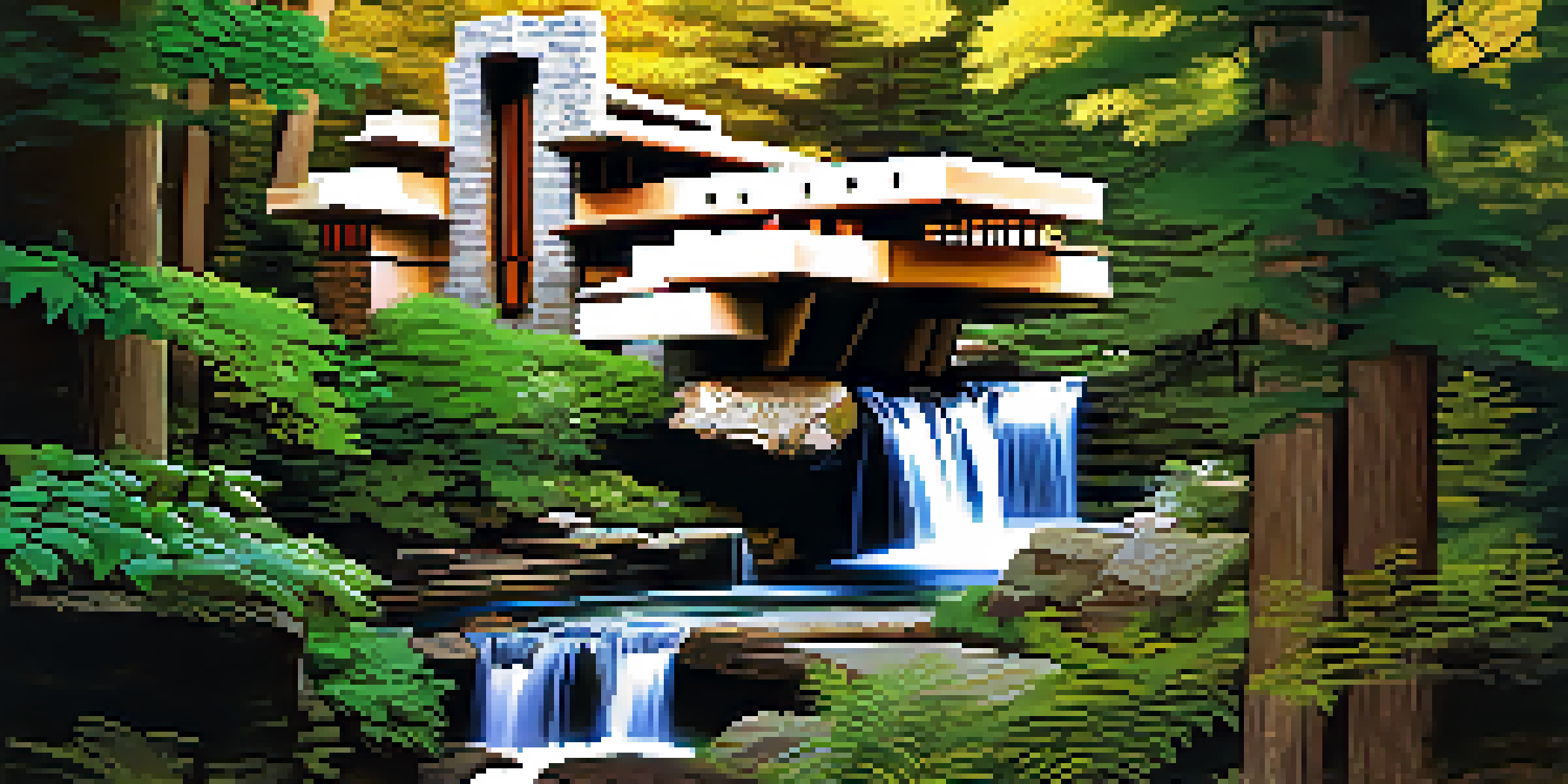 A beautiful house designed by Frank Lloyd Wright, known as Fallingwater, surrounded by trees and a stream, with sunlight filtering through the branches.