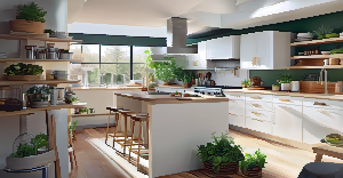 A bright and modern kitchen being renovated with wooden accents and stainless steel appliances, filled with natural light and various renovation tools.