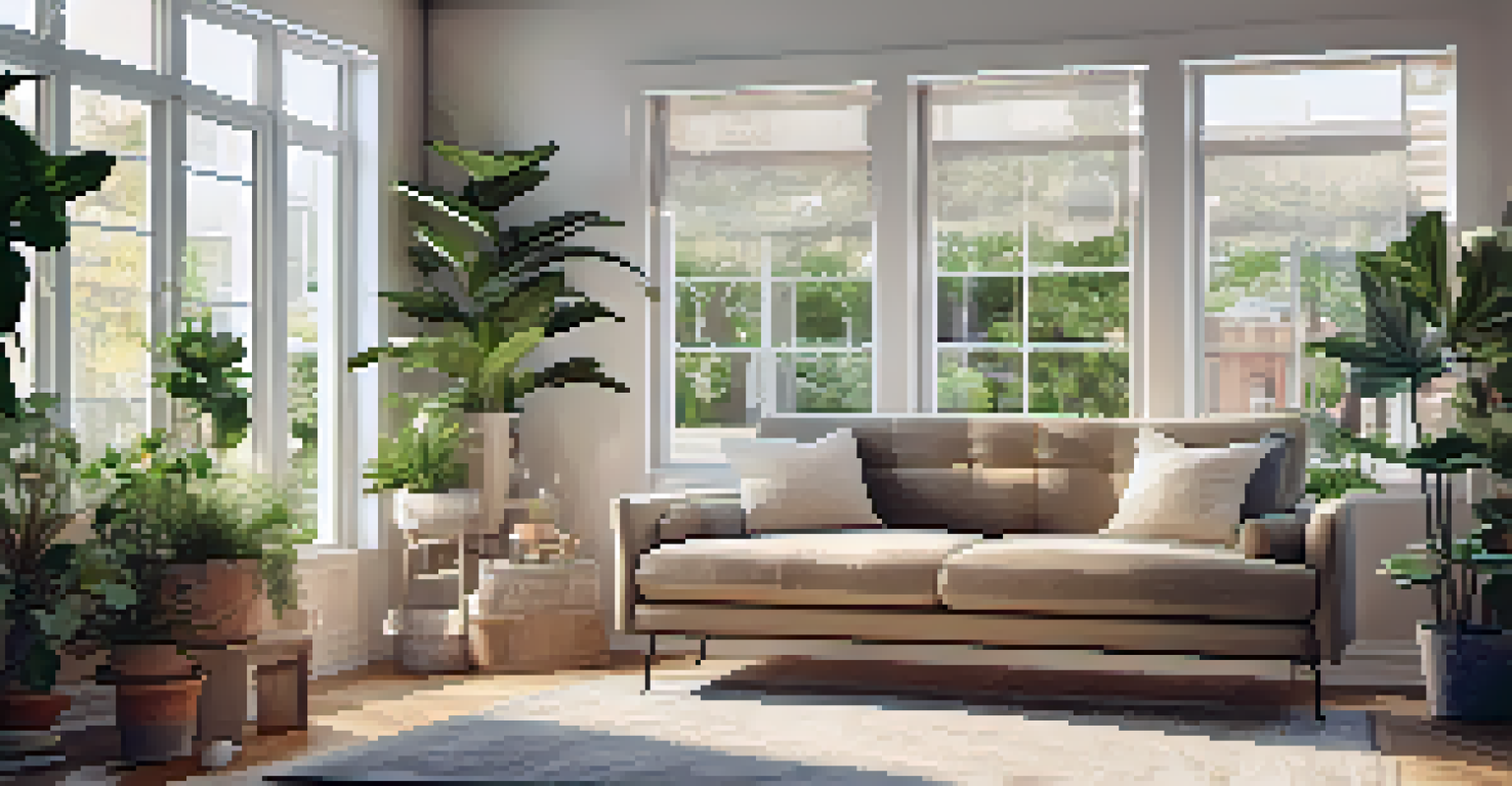 A bright living room with natural light, comfortable armchair, and decorative string lights.