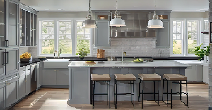 A modern kitchen with an island, granite countertops, stainless steel appliances, and large windows allowing natural light.