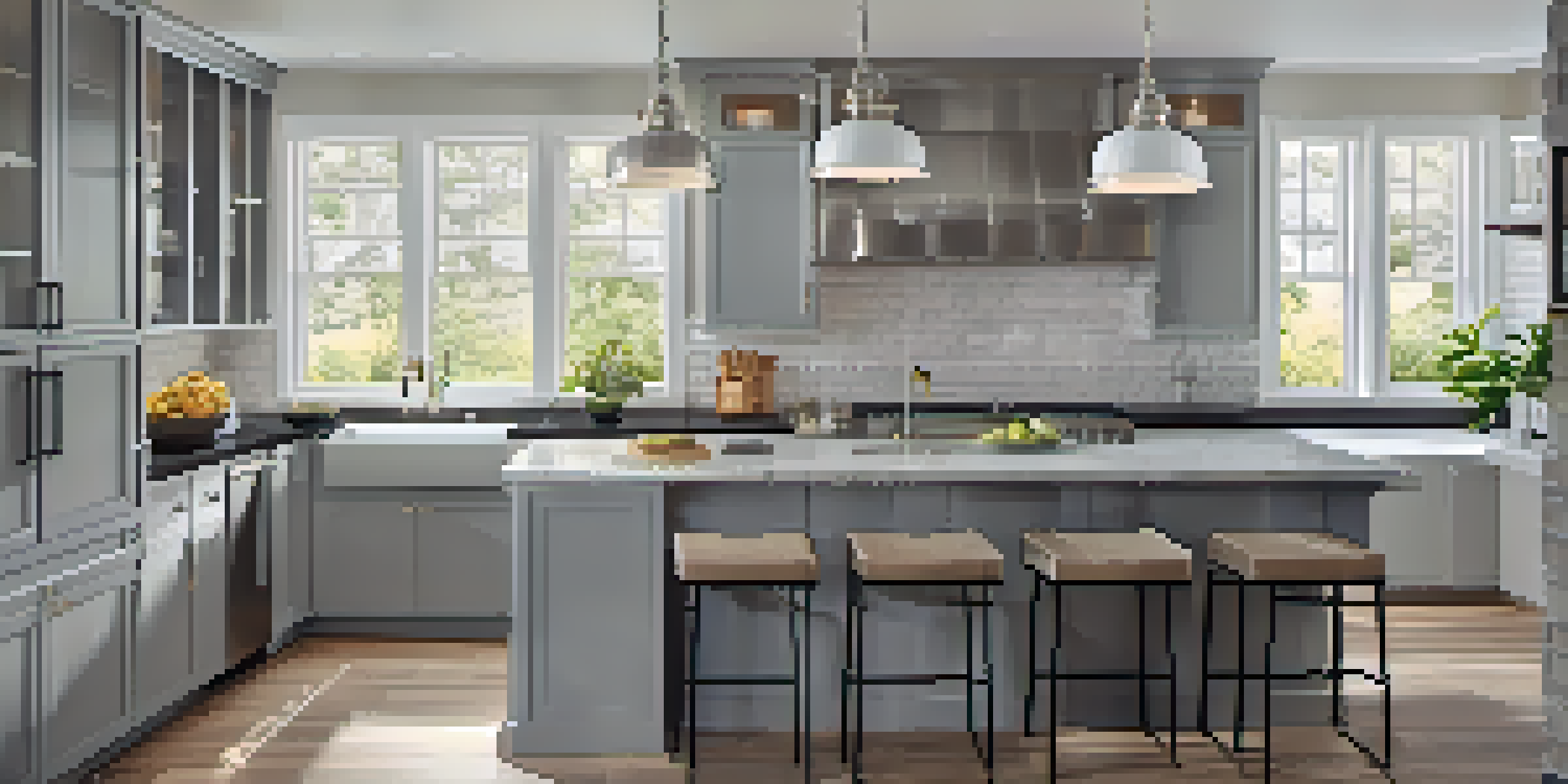 A modern kitchen with an island, granite countertops, stainless steel appliances, and large windows allowing natural light.