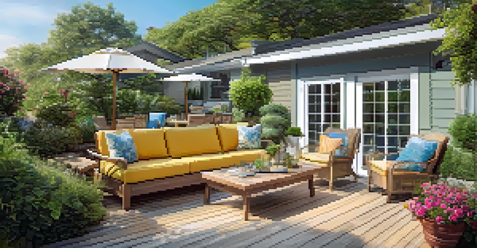 A serene outdoor space with a newly built wooden deck surrounded by greenery and flowers.