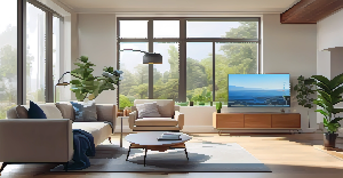 A contemporary living room showcasing smart home features, with a thermostat, cozy couch, and large windows letting in sunlight.