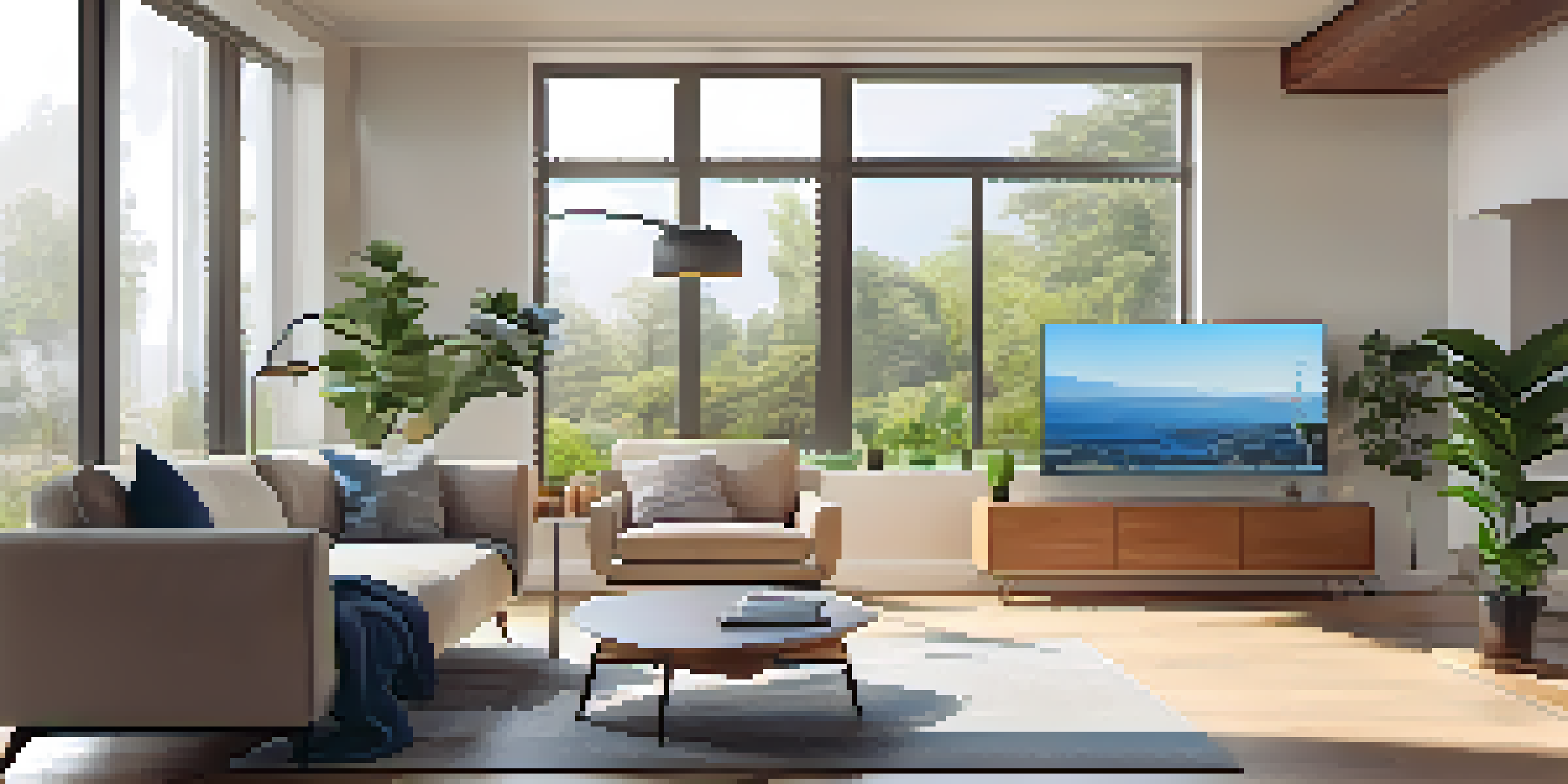 A contemporary living room showcasing smart home features, with a thermostat, cozy couch, and large windows letting in sunlight.
