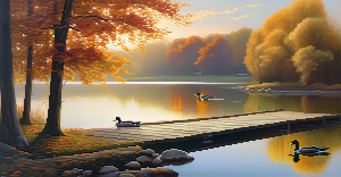 A peaceful lakeside scene with autumn foliage and ducks swimming, reflecting the colors on the water.