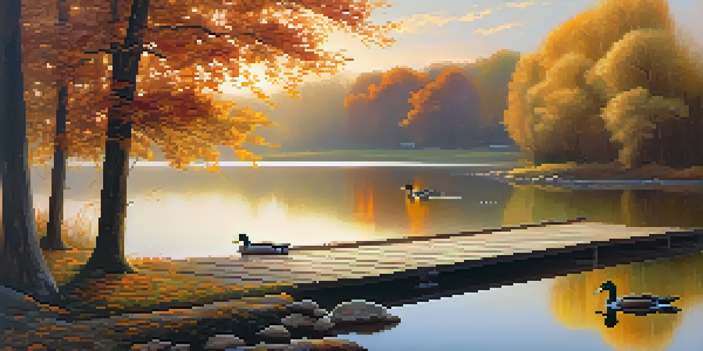 A peaceful lakeside scene with autumn foliage and ducks swimming, reflecting the colors on the water.