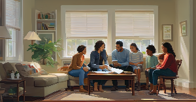 A diverse family gathered around a table in a cozy living room, reviewing their emergency plan, with a first-aid kit in the background.