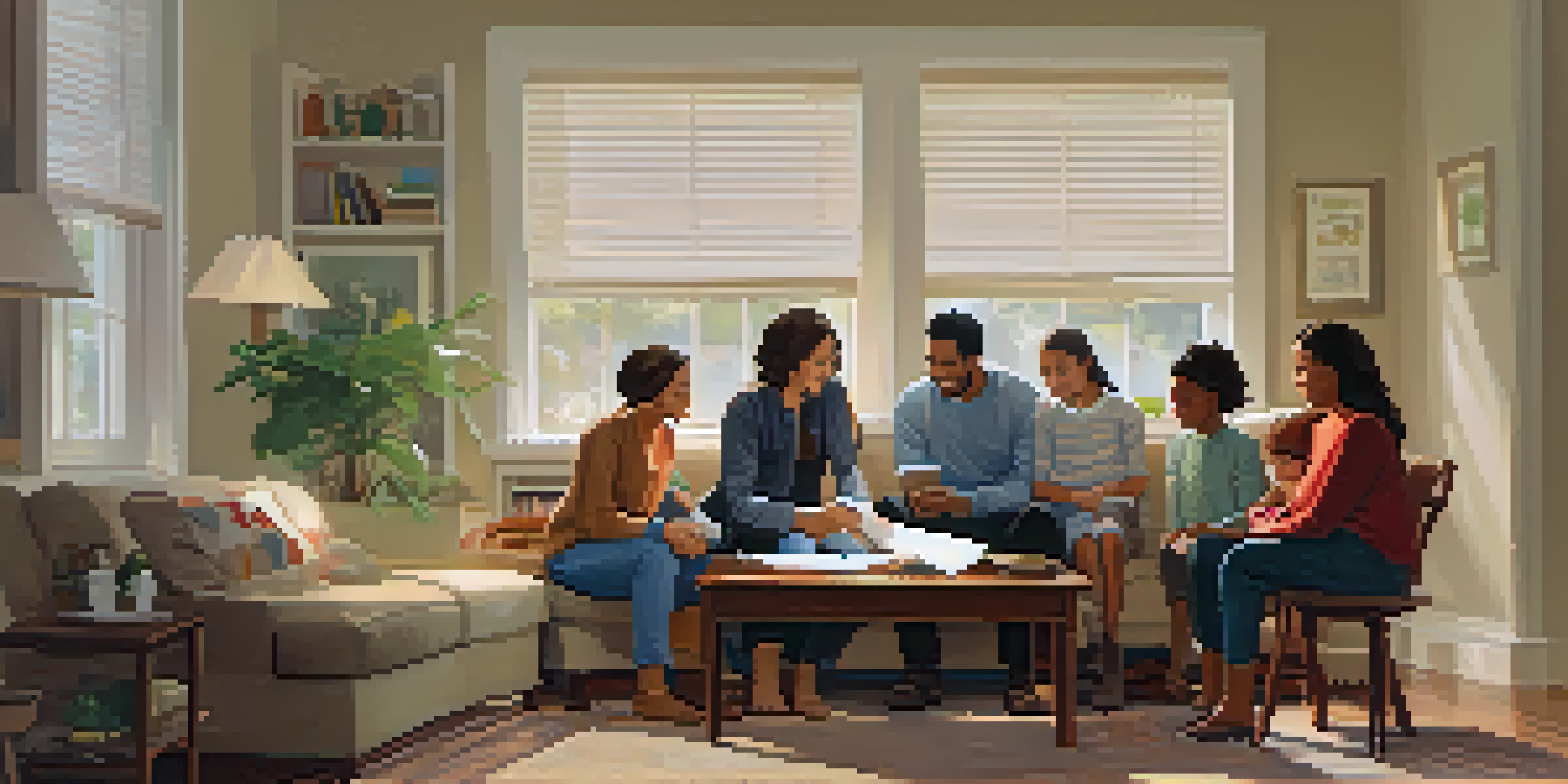 A diverse family gathered around a table in a cozy living room, reviewing their emergency plan, with a first-aid kit in the background.