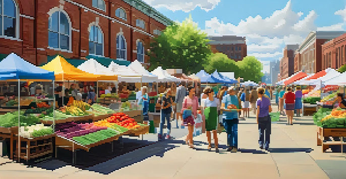 A bustling farmers' market with local vendors and families enjoying the day, surrounded by colorful stalls and urban buildings.