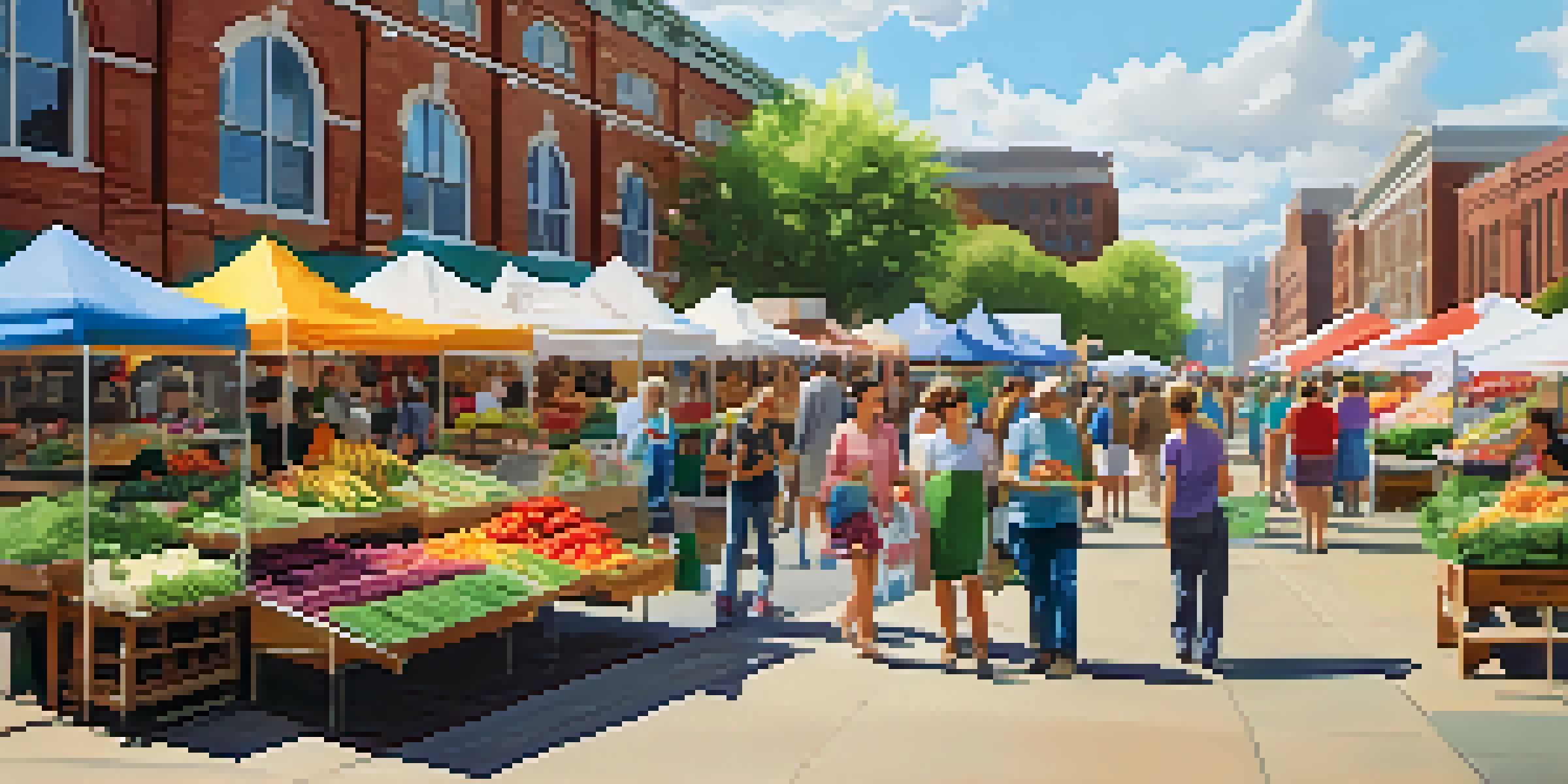 A bustling farmers' market with local vendors and families enjoying the day, surrounded by colorful stalls and urban buildings.