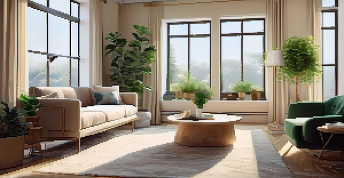 A spacious living room bathed in natural light with modern furniture and green plants.