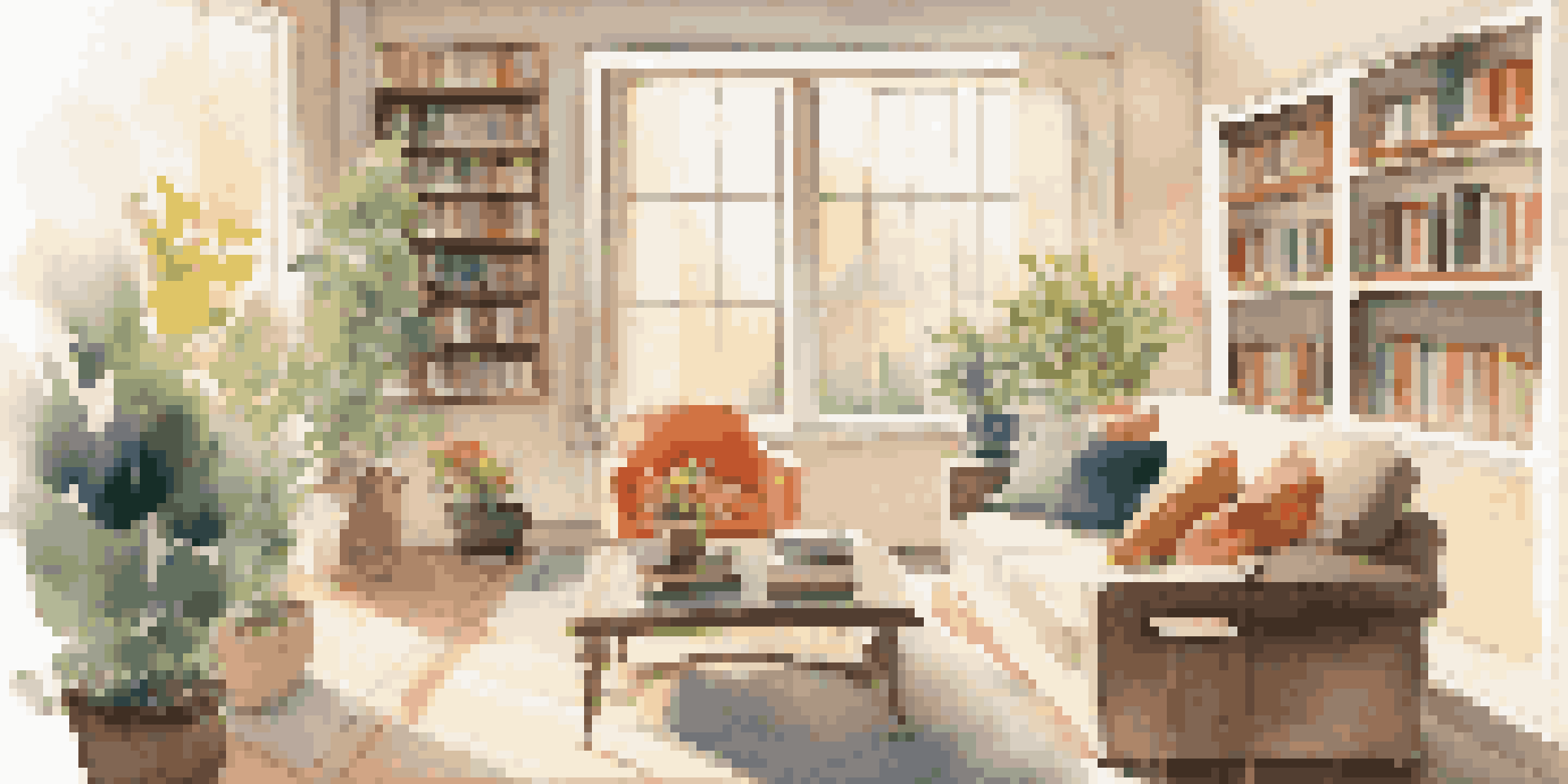 A bright and cozy modern living room with a large window, a sofa, coffee table, and potted plant.
