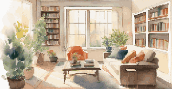 A bright and cozy modern living room with a large window, a sofa, coffee table, and potted plant.