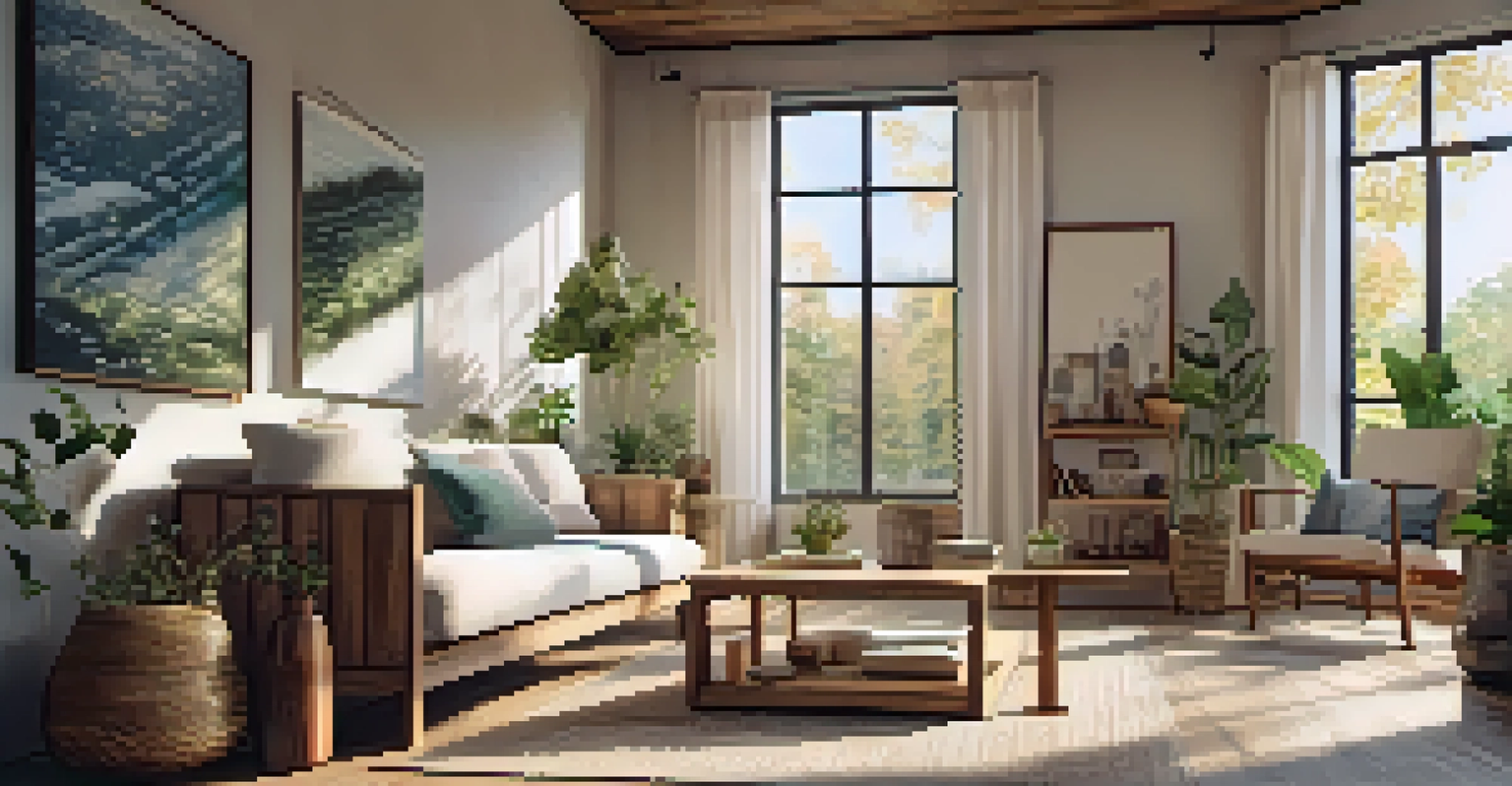 A cozy living room using reclaimed wood and natural materials, with sunlight streaming through large windows.
