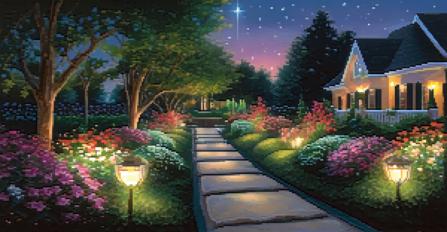 A garden pathway illuminated with solar lights, surrounded by colorful flowers and a starry night sky.