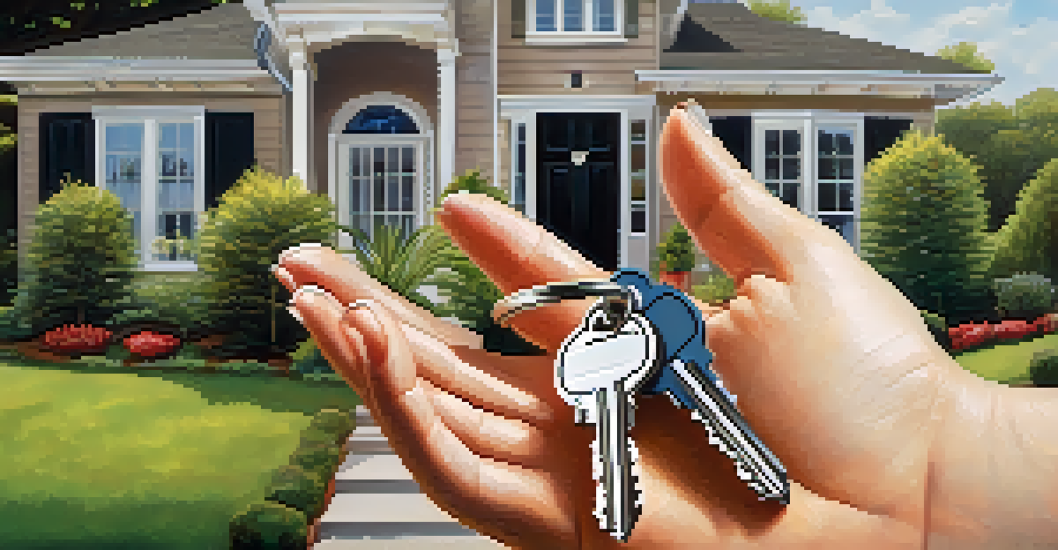 A close-up of hands holding a house key in front of a new home with a welcoming front door and potted plants.
