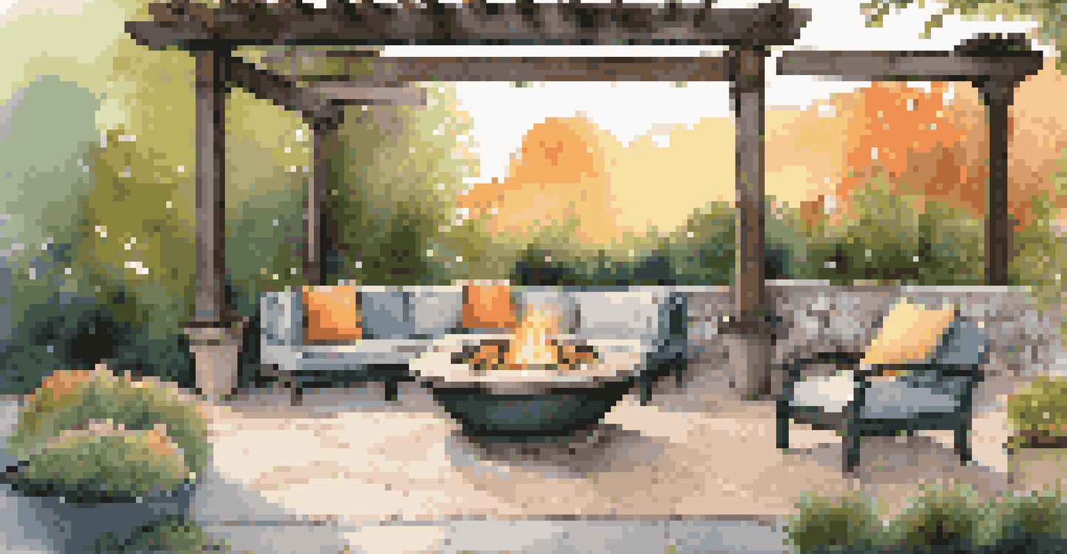 A renovated outdoor patio with seating, plants, and a fire pit, beautifully lit by a sunset glow.